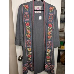 Johnny Was Cotton Western Kimono Grey Cardigan Embroidered Flowers Size Medium